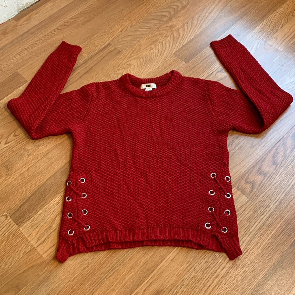 Vintage 1980’s AMP, solid red long sleeve lace up style knit cardigan. Size M.